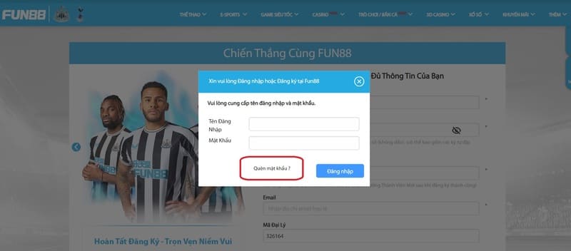 Bấm quên mật khẩu tại trang web nhà cái Fun88